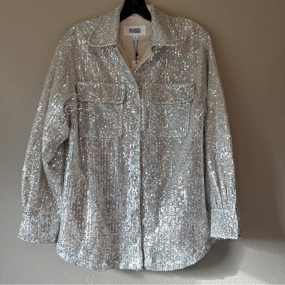 BB Dakota by Steve Madden silver sequin button down shacket